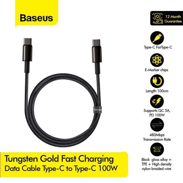 Кабель 100W Baseus 1/2/3м Type-C Tungsten 5A зарядка ipad MacBook pro