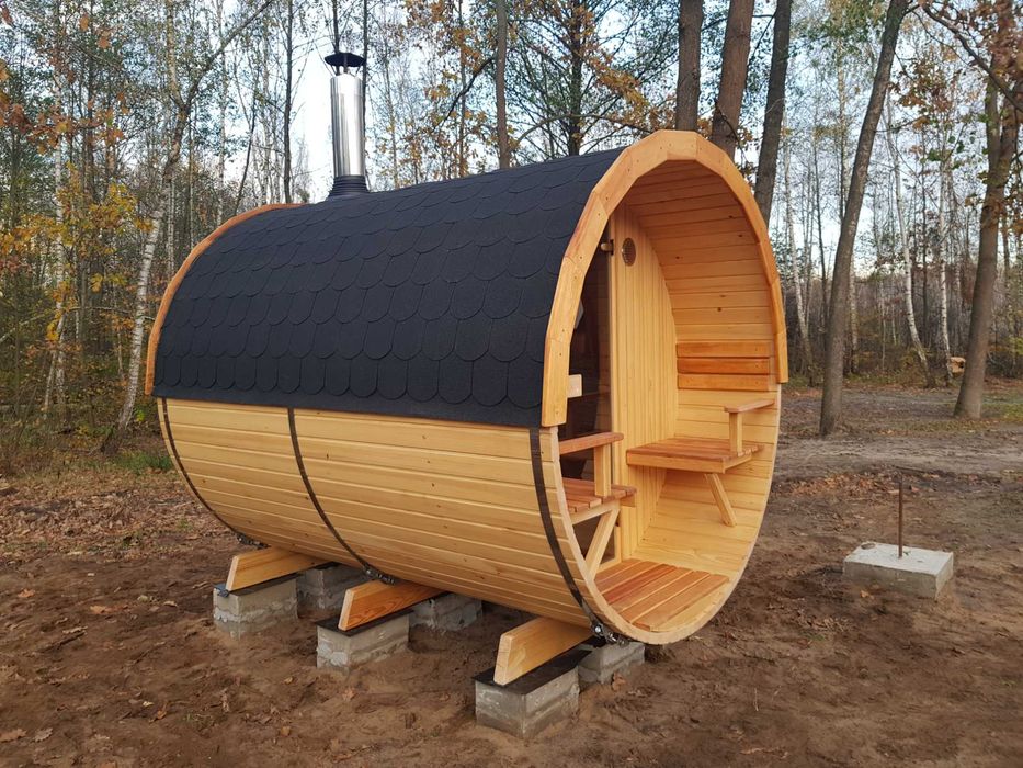 Sauna ogrodowa drewniana z tarasem beczka piec drewno 2,5m szyba 50%