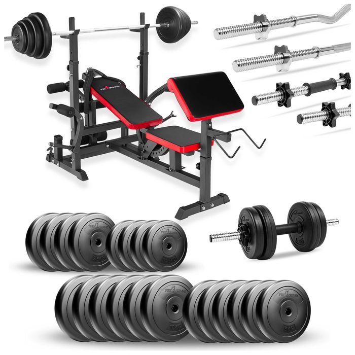 Zestaw do ćwiczeń 160kg ławka treningowa stojaki komplet gryfów