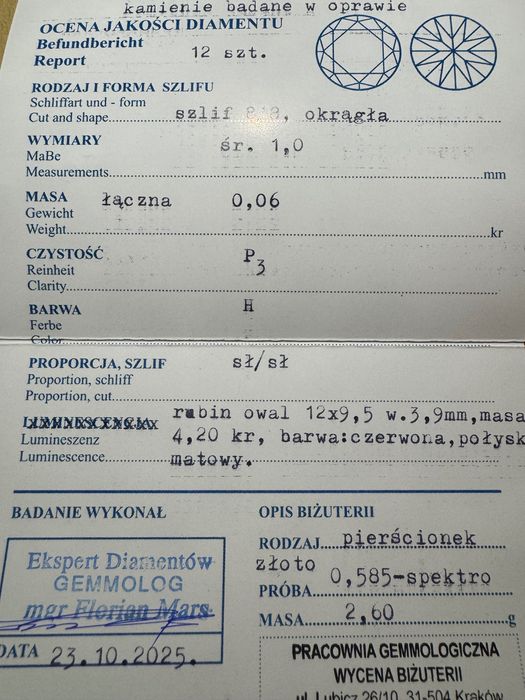 Złoty pierścionek z rubinem 4,20ct., i brylantami