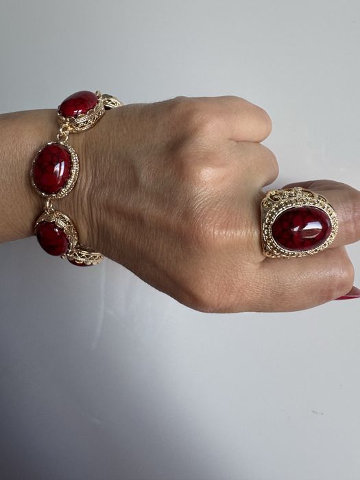 Bransoletka Vintage kamienie czerwone marmurek