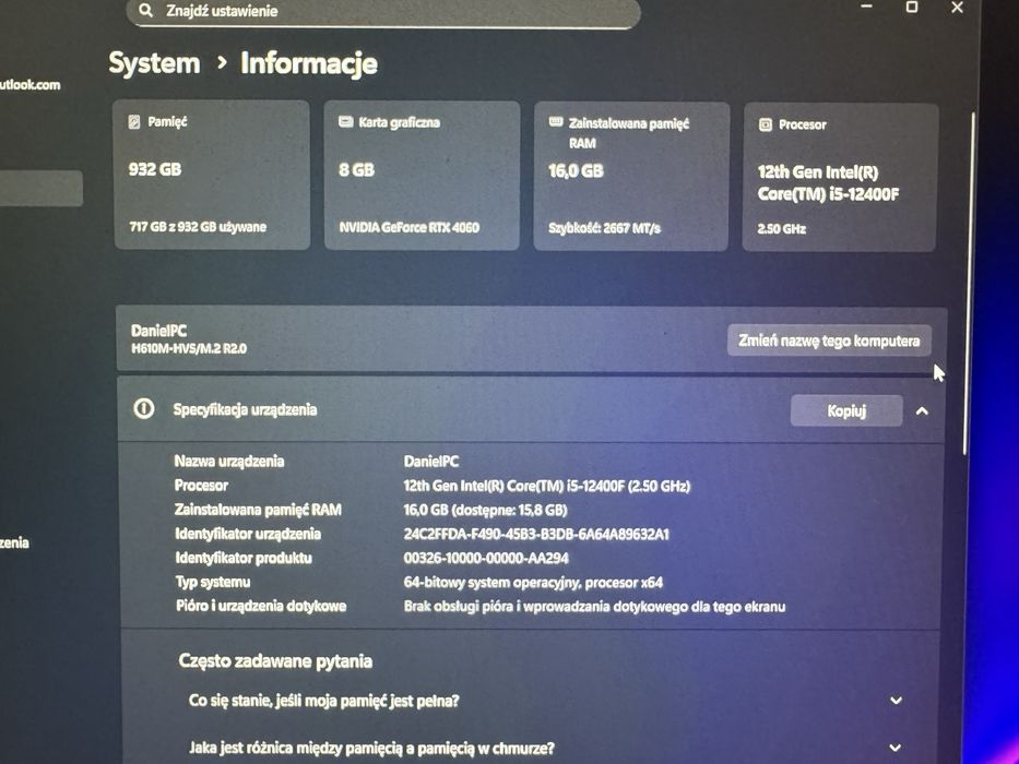 PC Intel i5-12400f + RTX4060 + SSD Kingston Fury 1 TB+ monitor MSI
