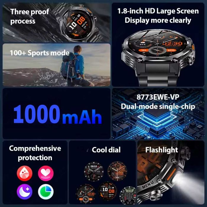 Смарт часы: VWAR AK82 MAX. LED-фонарик 3 режима. 3D-меню. 1000mAh.