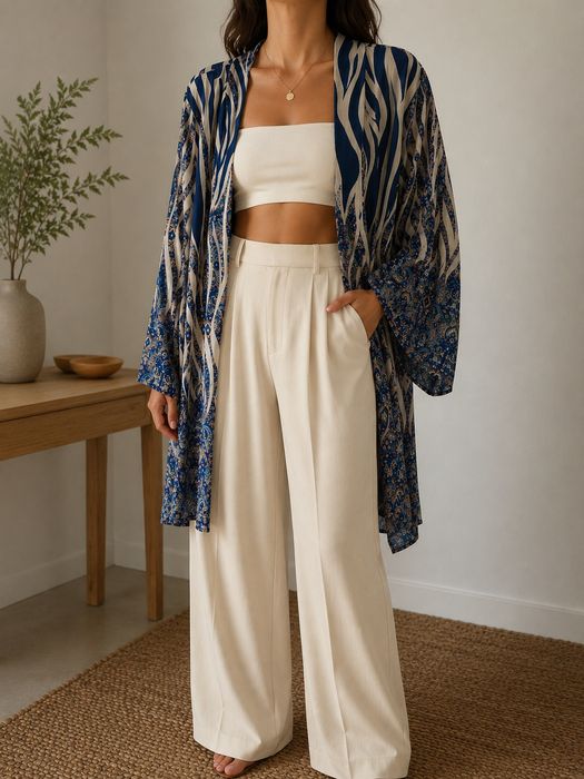 Kimono Étnico/Zebra Azul e Creme – Made in Italy - Tamanho Único - Novo!