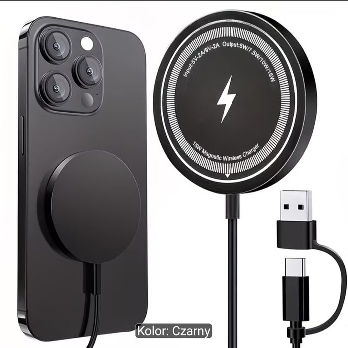 Szybka Magnetyczna Ładowarka Bezprzewodowa dla Apple iPhone 17 16 15 14 13 12 11 Pro Max 13 Mini MacSafe Ładowanie Indukcyjne na Etui Tylnym Czarn 15W