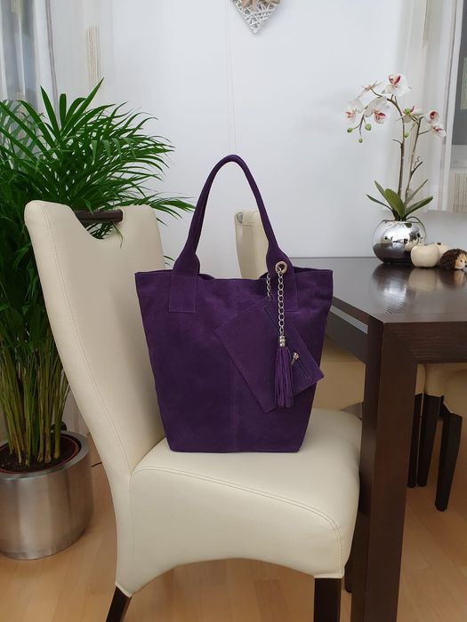 VERA PELLE torebka zamszowa worek shopper z saszetką V093 c.brązowa