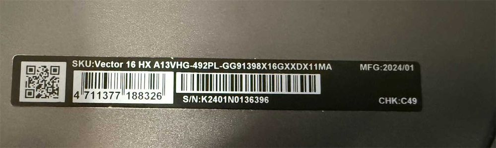 Laptop MSI Vector 16 hx a13vhg-rtx 4080 | 64GB ram | 3TB ssd | gw