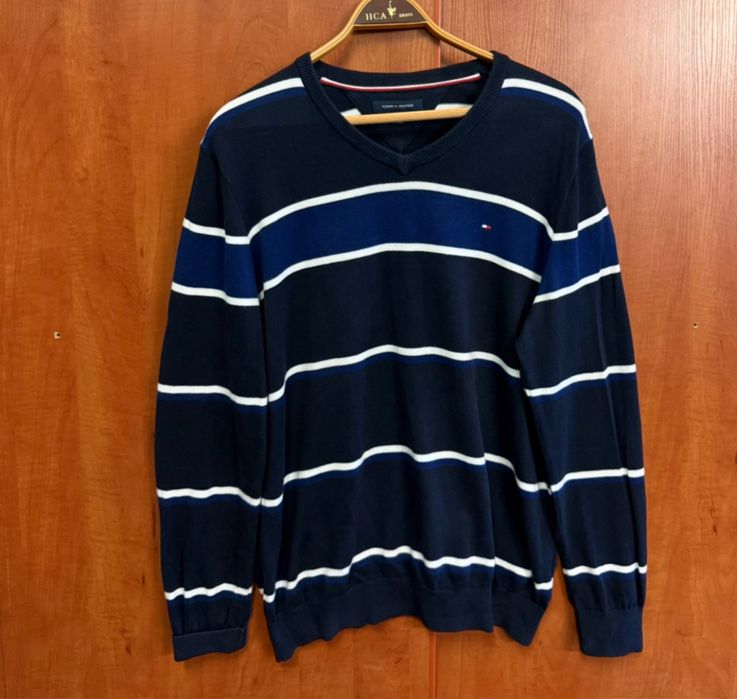 Tommy Hilfiger • Sweter Męski Granatowy w Pasy V-Neck Klasyk  L