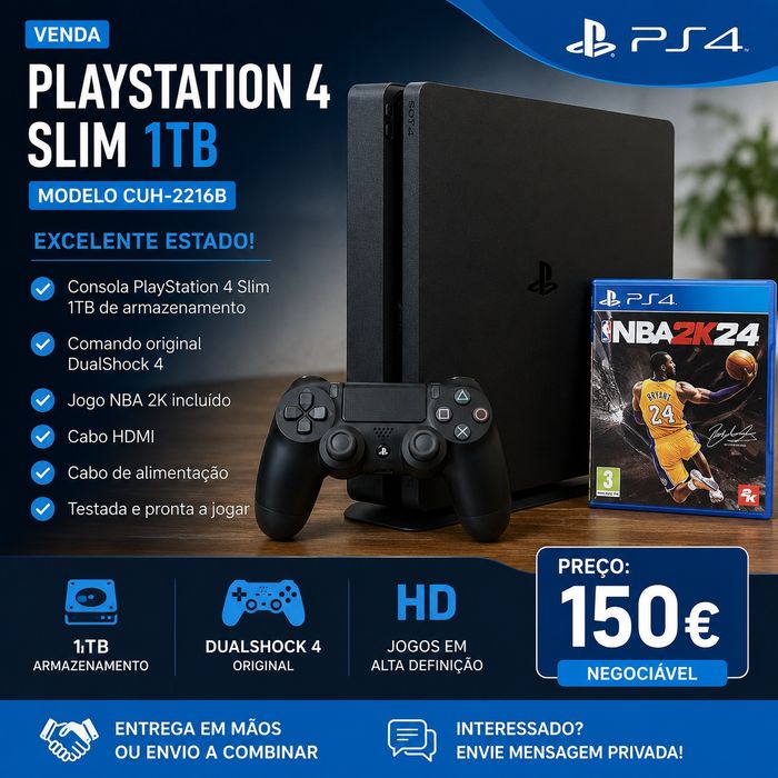 PlayStation 4 Slim 1TB + Comando Original + NBA 2K24 – Excelente Estado
