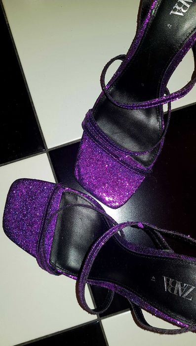 Nowe fioletowe błyszczące brokatowe szpilki obcasy Zara rozm. 41