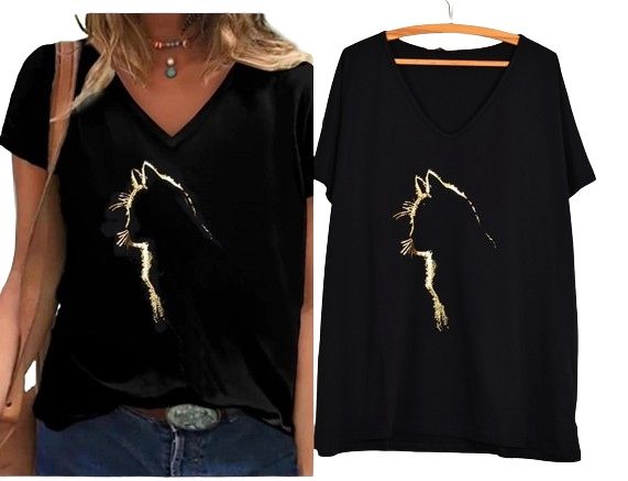 T-shirt Koszulka Bawełna Złota Aplikacja Kot Kotek V Dekolt M-xxxl T15