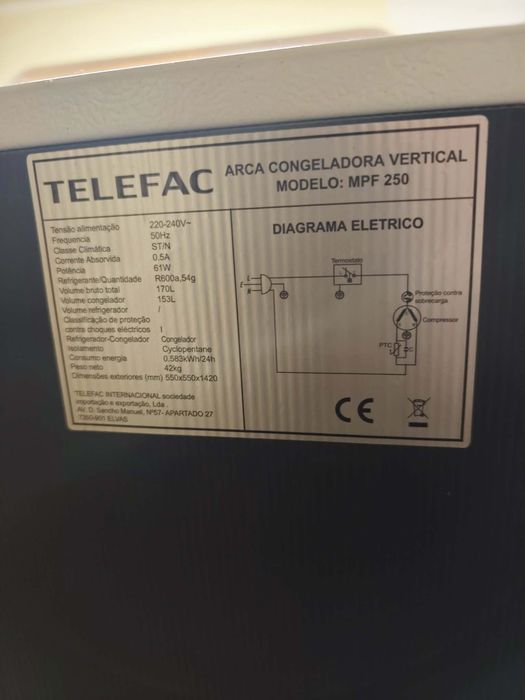 Arca congeladora vertical Telefac 160l