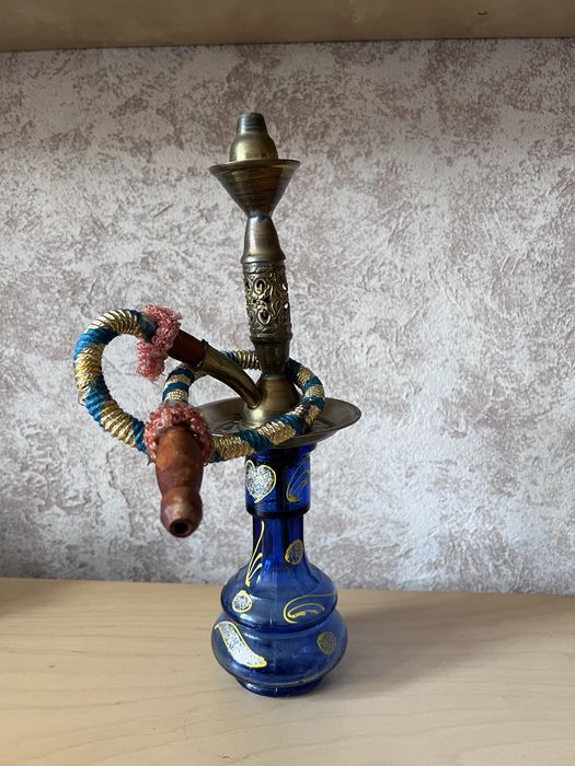 Orientalna Shisha / Fajka Wodna – Niebieskie Szkło i Mosiądz – Vintage