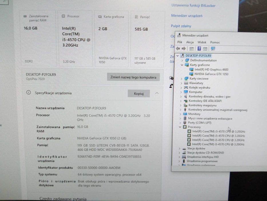 Komputer Do Gier DELL 7020 i5 16GB 128SSD 500HDD Nvidia 1050 W10 GW FV