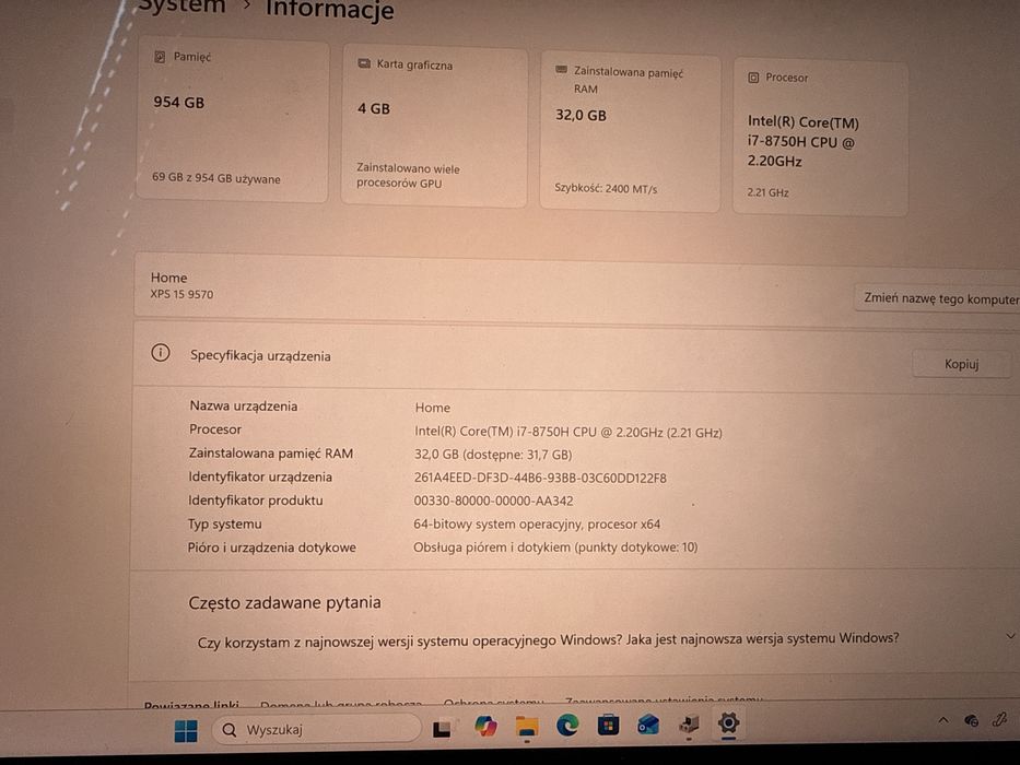 Dell XPS 15 4K dysk 1TB 32gb ram Intel i7 Windows11PRO- uszk bateria