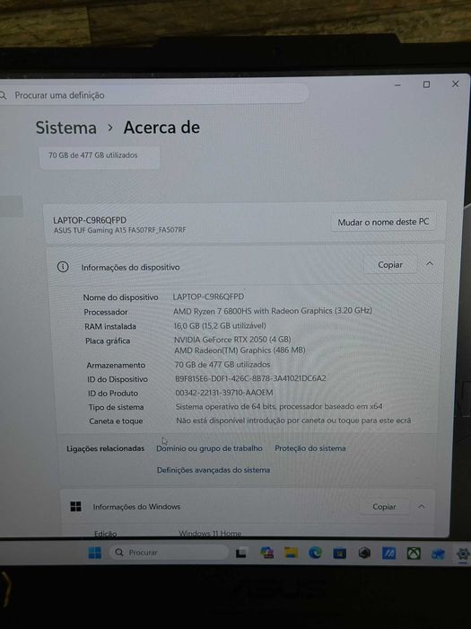 Portátil Gaming ASUS TUF A15 (FA507RF) – Ryzen 7 6800HS | RTX 2050 | 16GB RAM | 512GB SSD