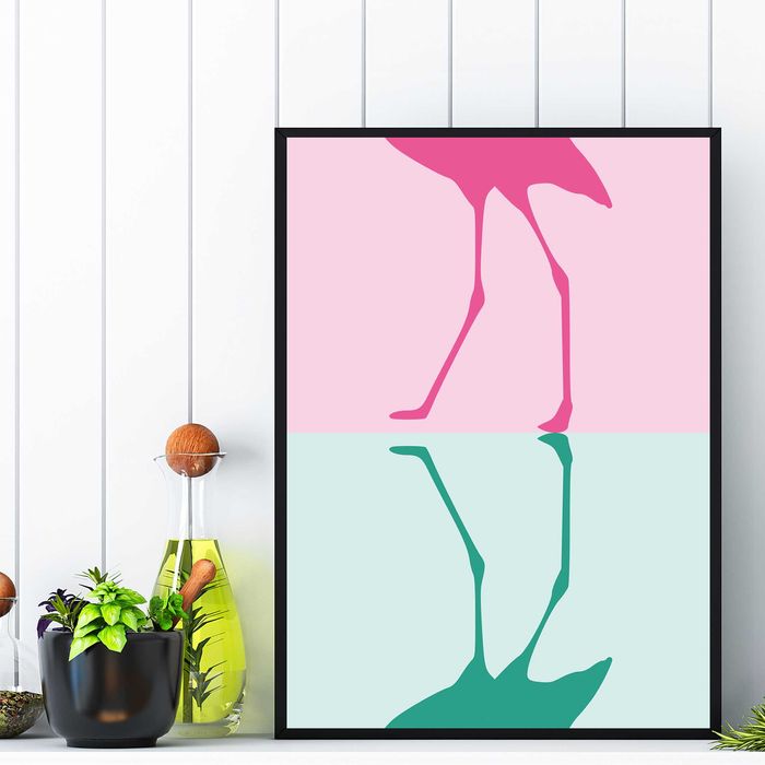 plakat abstrakcja kolorowy ptak, plakat do salonu grafika flaminga