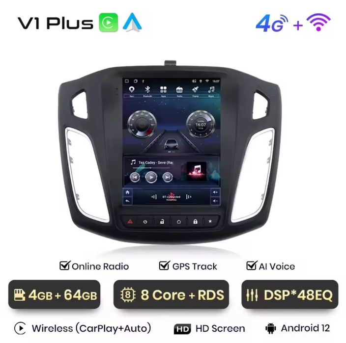 Rádio 9,7" Vertical Android Ford Focus 3 CARPLAY 8core 4G GPS 4/64GB
