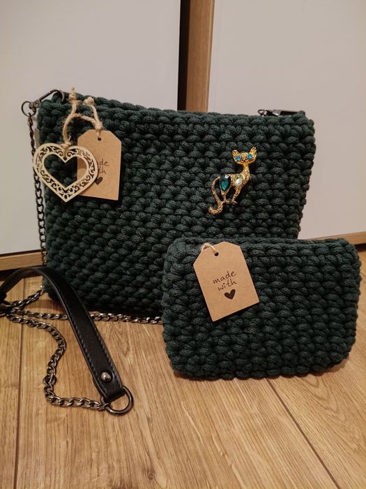 Zestaw torebka kosmetyczka sznurek broszka kotek handmade nowy