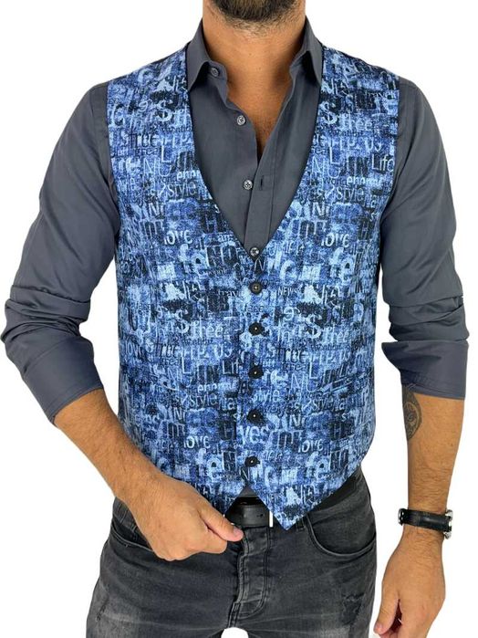 GIOVANNI PERA kamizelka męska D628 niebieska w napisy, efekt jeansu