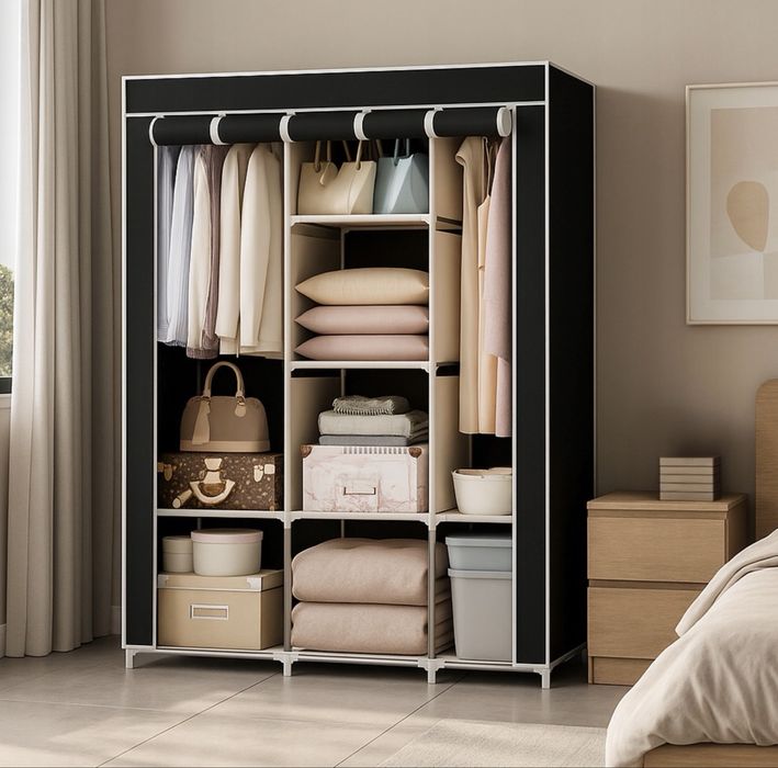 Szafa materiałowa 170x170x45 cm 14 półek 2 drążki składana garderoba
