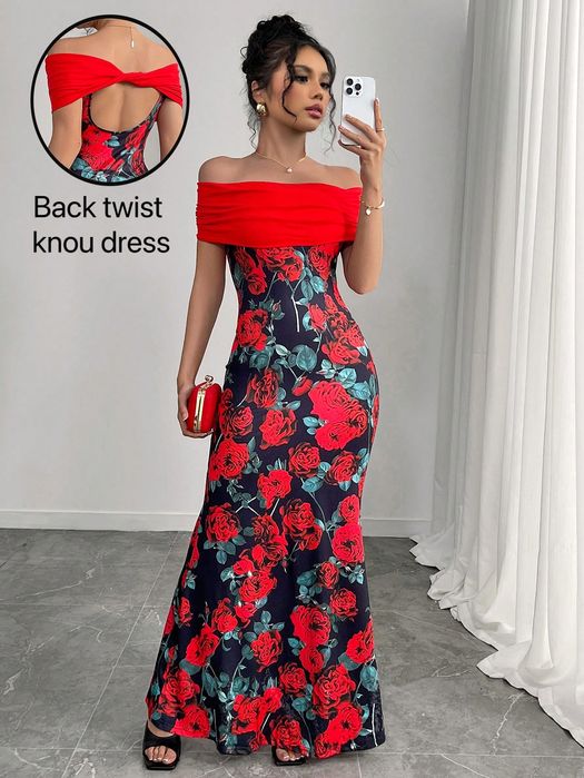 Sukienka Syrena W Róże Carmen Twist Maxi Casual Shein M 38