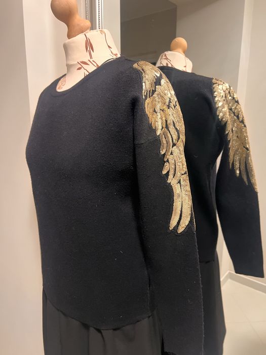 Mohito sweter czarny złote skrzydła s 36 pagony rękawy cekiny