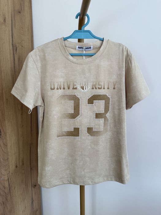 T-shirt chłopięcy beżowy z nadrukiem 164