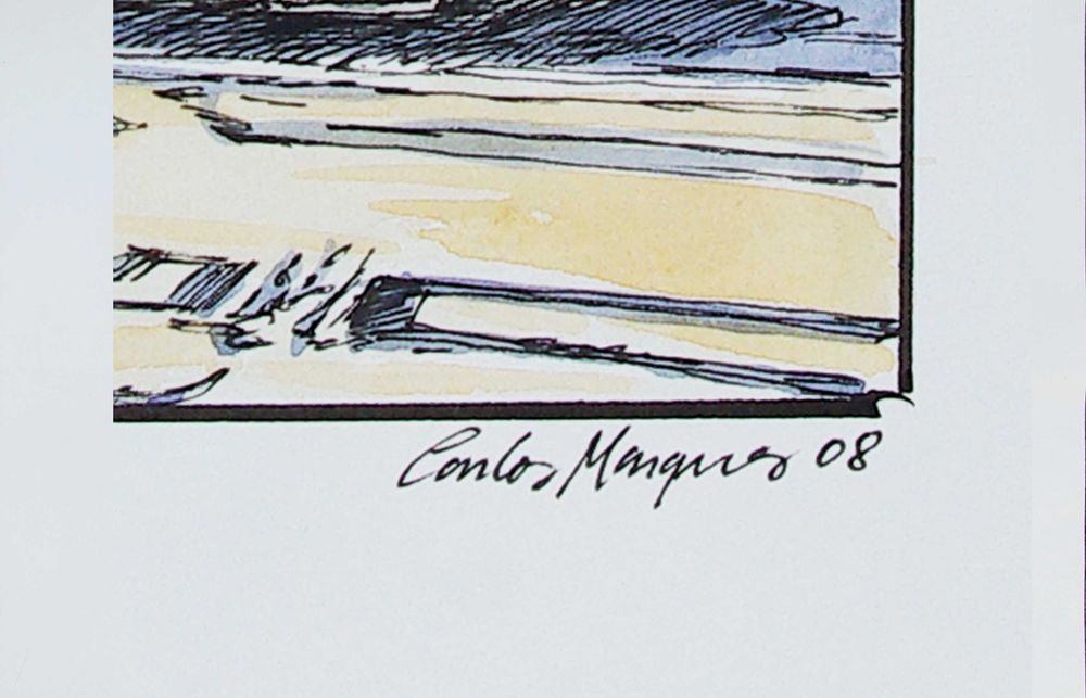 Eléctrico da Carris  Praça do Comércio . Desenho. Marcador e aguarela.