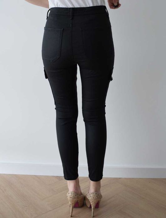 River Island bojówki spodnie rurki wysoki stan woskowane czarne 36 s