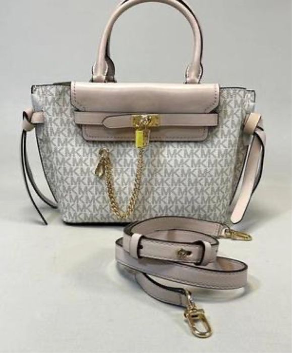Сумка Michael Kors Hamilton Satchel пудрова/молочна з монограмою MK