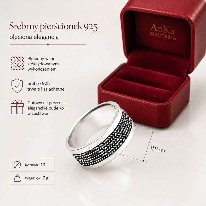 Pierścionek srebrny szeroka pleciona obrączka