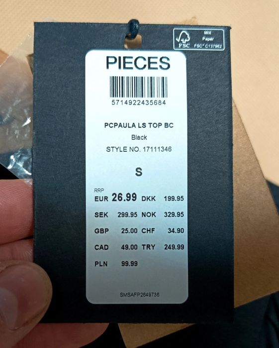 Pieces Bluzka Damska Czarna PC Paola LS Top EcoVero Nowa Metka R. S