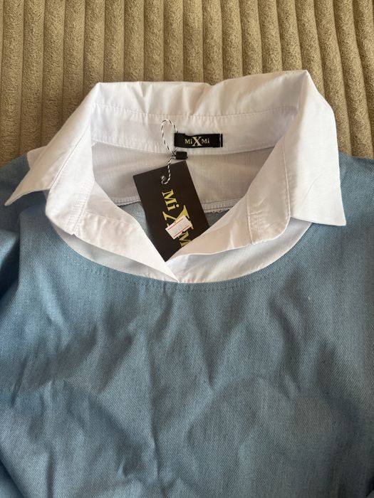 Актуальна джинсова кофта-блуза з коміром