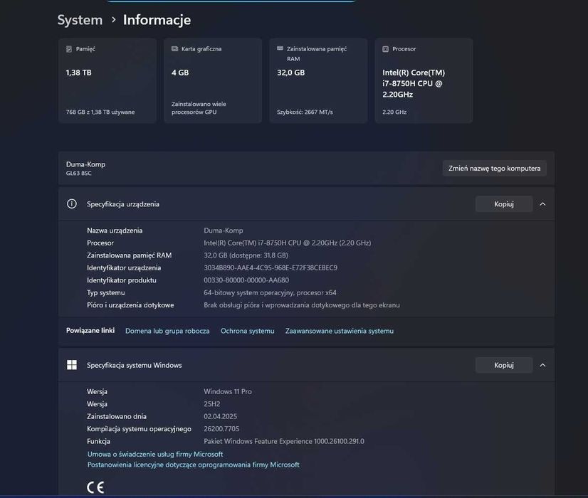 Laptop MSI GL63 8SC | Intel Core i7 | 32 GB RAM | GTX 1650 4 GB | SSD + HDD | Windows 11 Pro