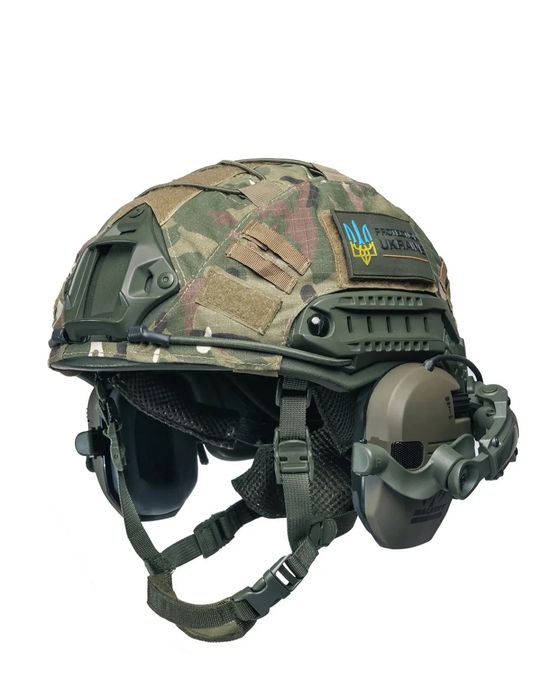 Балістичний військовий шолом FAST Helmet NIJ IIIA + активні навушники Walkers з кріпленням чебурашки кавер на шолом тактична захисна каска олива