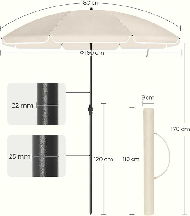 Nowy parasol / śr. 160cm /  uchylny / regulowany / SONGMICS / W1219!