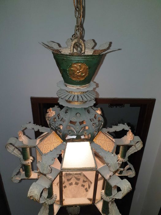 Belíssimo candeeiro vintage metal e vidro 88x35cm