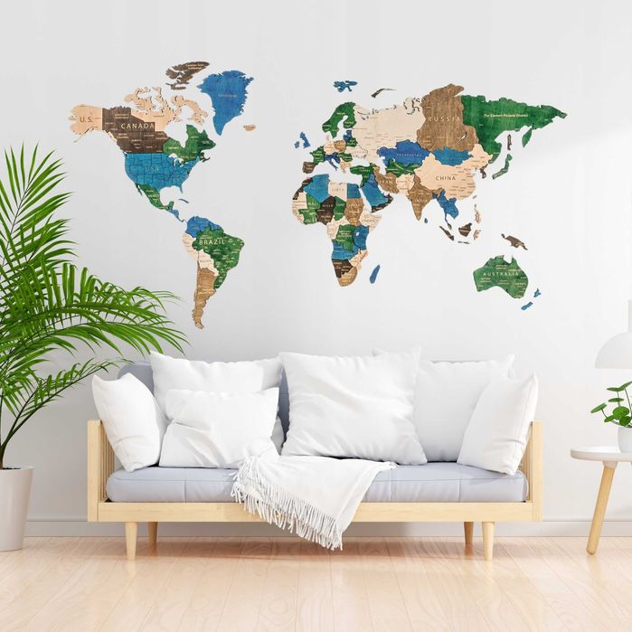 Drewniana Mapa Świata 3D Rozmiar L Kolorowa 105x60cm + Pinezki + Flagi