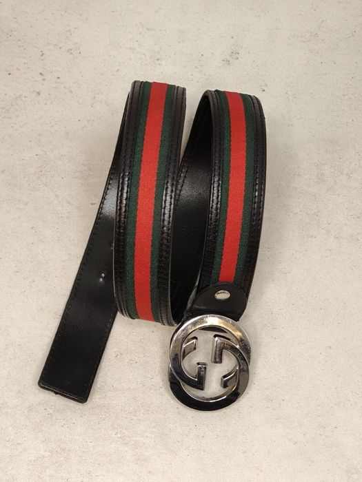 Gucci oryginalny pasek skórzany GG | Pasek zielono‑czerwony, rozmiar 110