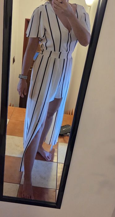 Elegancki kombinezon damski M 2w1 biały w paski odkryte plecy wesele przyjęcie wyjątkowy styl
