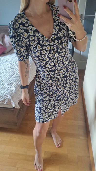 Sukienka kwiaty mini granatowa stokrotki 40
