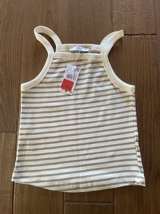 Top Mango w paski - rozmiar S, kolor - beżowy, khaki
