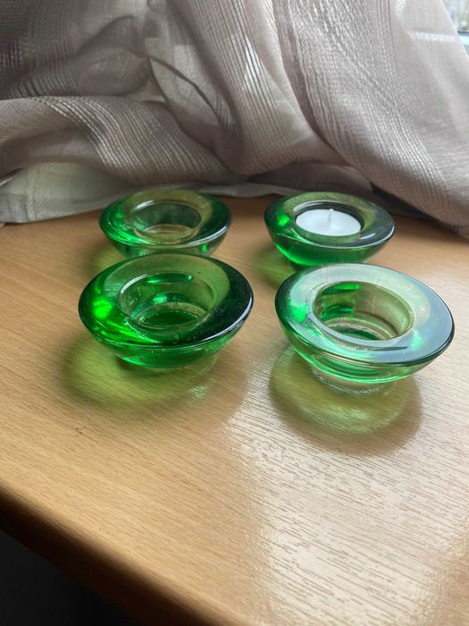 Szklane zielone świeczniki na tealight VINTAGE - 4 szt.