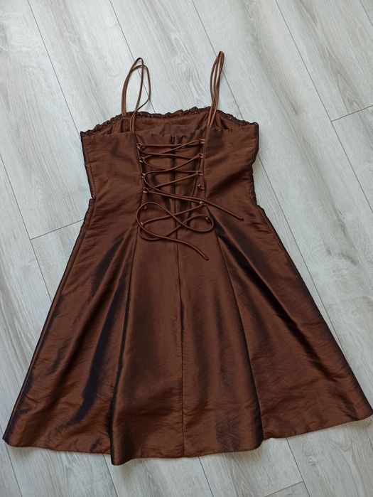 Elegancka sukienka brązowa, miedziana na wesele, studniówkę S M 36-38