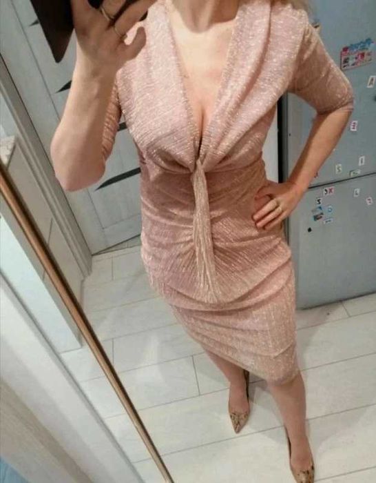 Sukienka tiulowa błyszcząca MIDI pudrowy róż morelowa brzoskwiniowa m