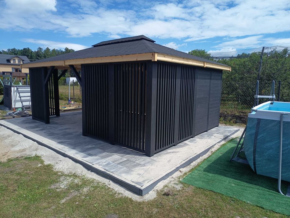 Nowoczesna altana 4x6 m, lamele, gont bitumiczny - producent