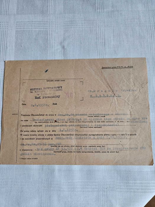 Stary dokument przyjęcia do pracy  pielęgniarki dyspozytorki 1957 r.