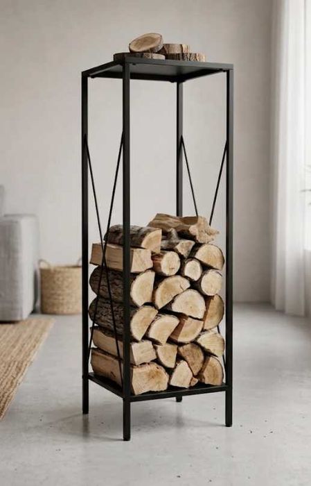 Stojak Metalowy na Drewno Kominkowe Opałowe do Kominka Wysoki Loft Czarny 110x34cm