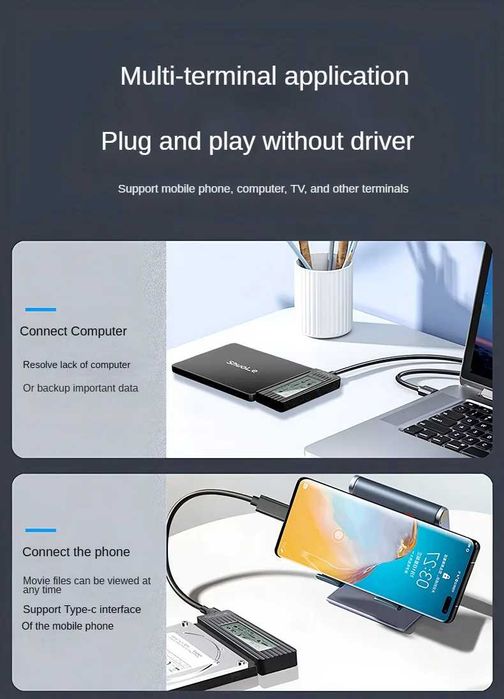 Karta microSDXC 64GB Kodak + adapter ShuoLe SATA na USB-C ekran LCD.